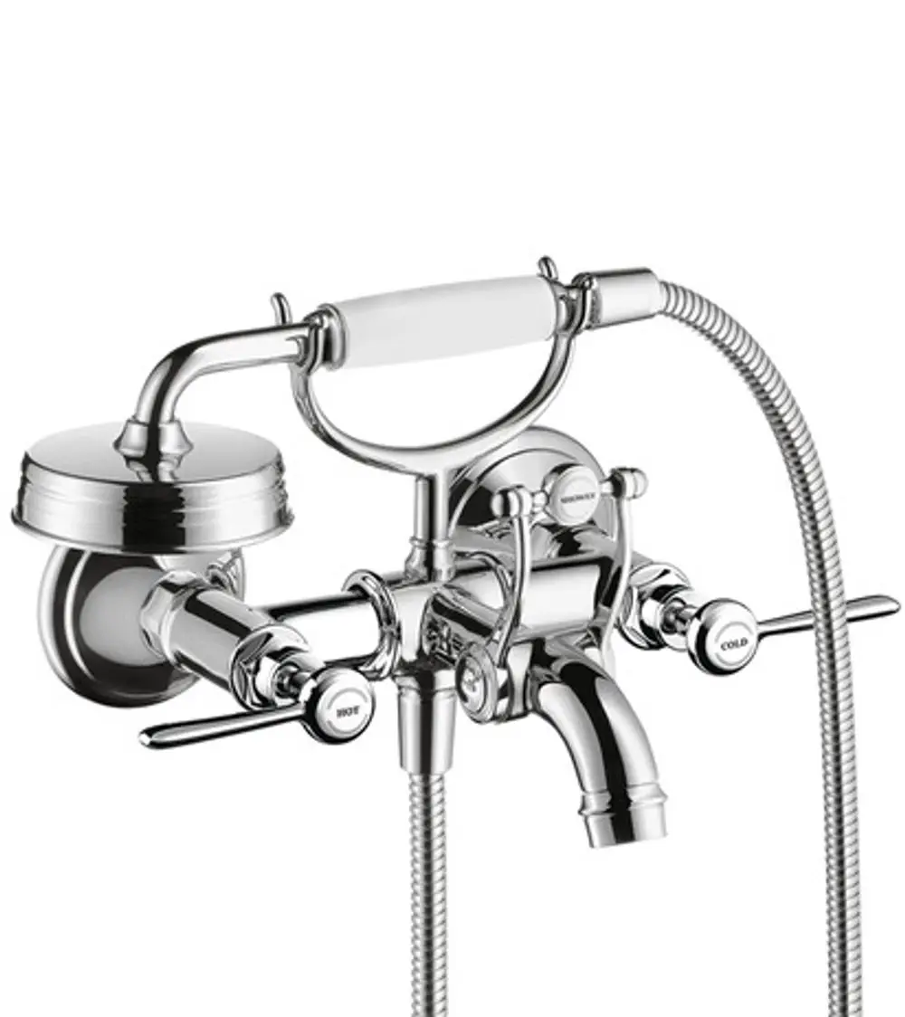 Chromene Wannenarmatur mit zwei Drehgriffen und flexibler Handbrause, montiert auf einer Wand. Produkt von AXOR.